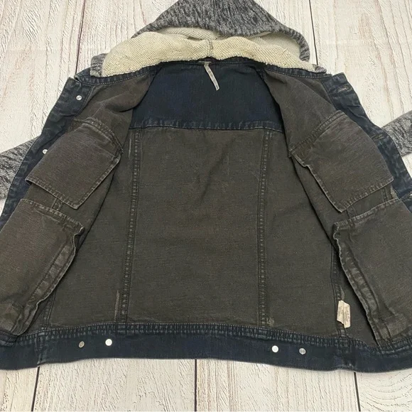 Free People Hooded Denim Knit Jacket in Dark Blue/Black with Gray Medium - Picture 4 of 10